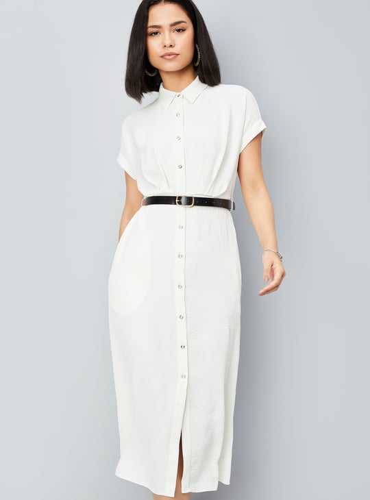 Women Solid Belted Shirt Dress