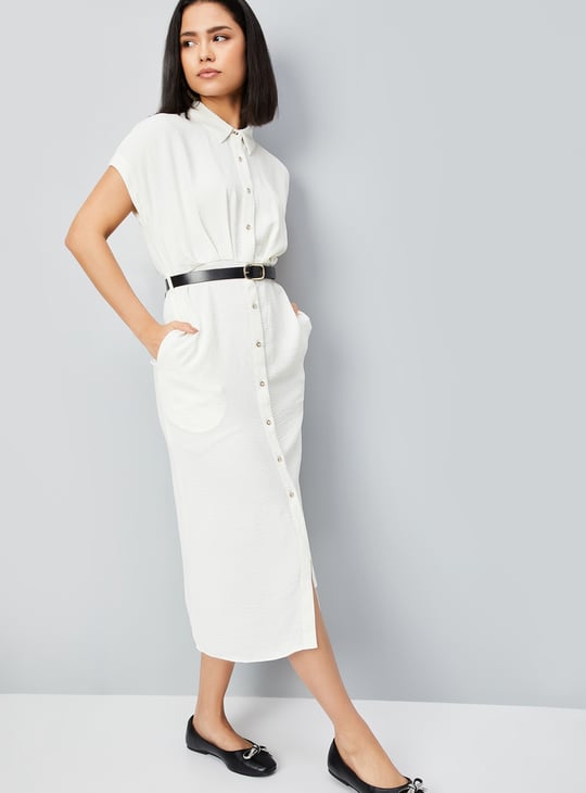 Women Solid Belted Shirt Dress