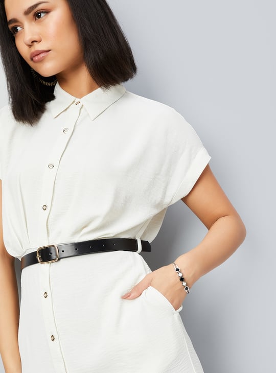 Women Solid Belted Shirt Dress