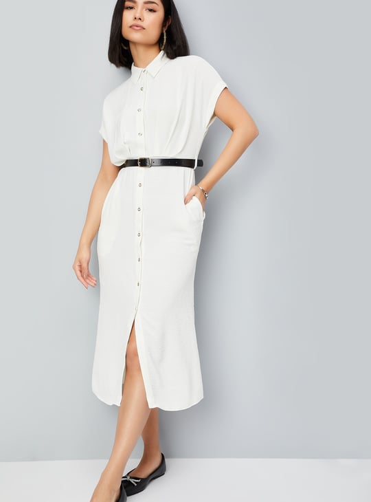 Women Solid Belted Shirt Dress
