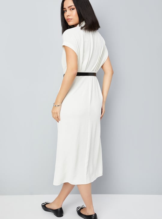 Women Solid Belted Shirt Dress