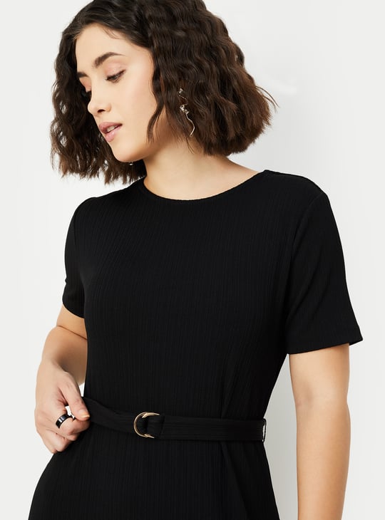 Women Solid Knit Belted Midi Dress | Black | Solid