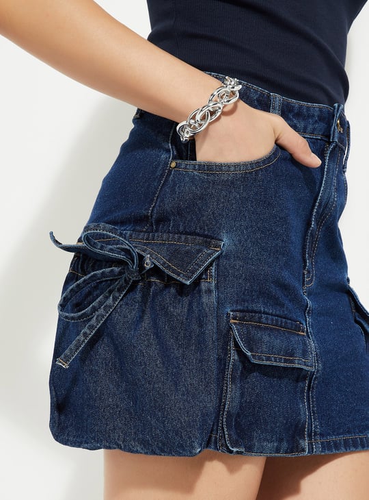 Women Tie-up Detail Denim Mini Skirt