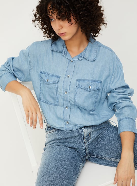Women Solid Crop Denim Shirt with Drawcord Hem
