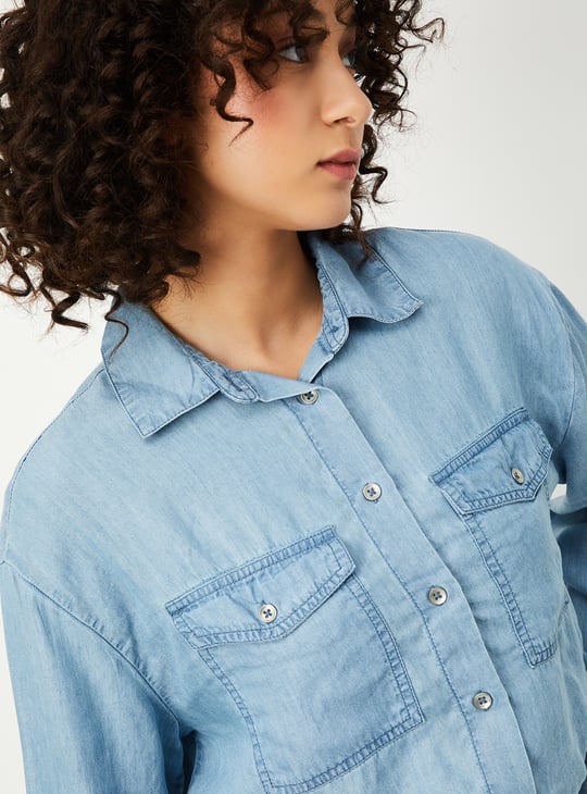 Women Solid Crop Denim Shirt with Drawcord Hem