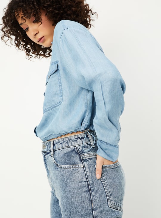 Women Solid Crop Denim Shirt with Drawcord Hem