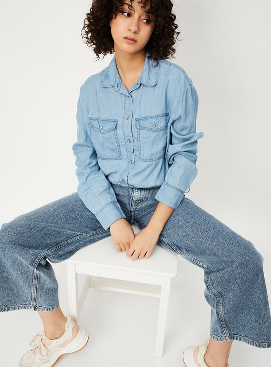 Women Solid Crop Denim Shirt with Drawcord Hem