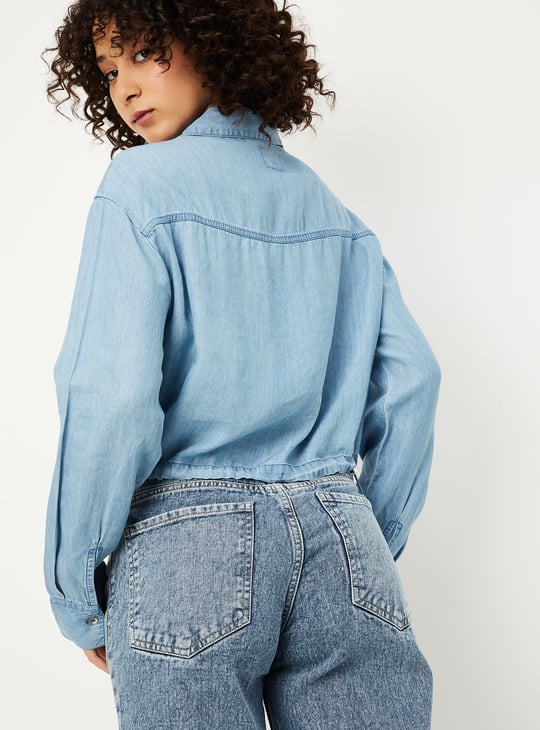 Women Solid Crop Denim Shirt with Drawcord Hem