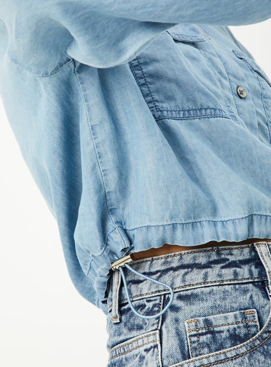 Women Solid Crop Denim Shirt with Drawcord Hem