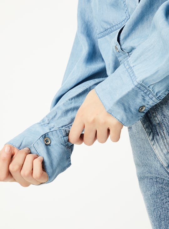 Women Solid Crop Denim Shirt with Drawcord Hem