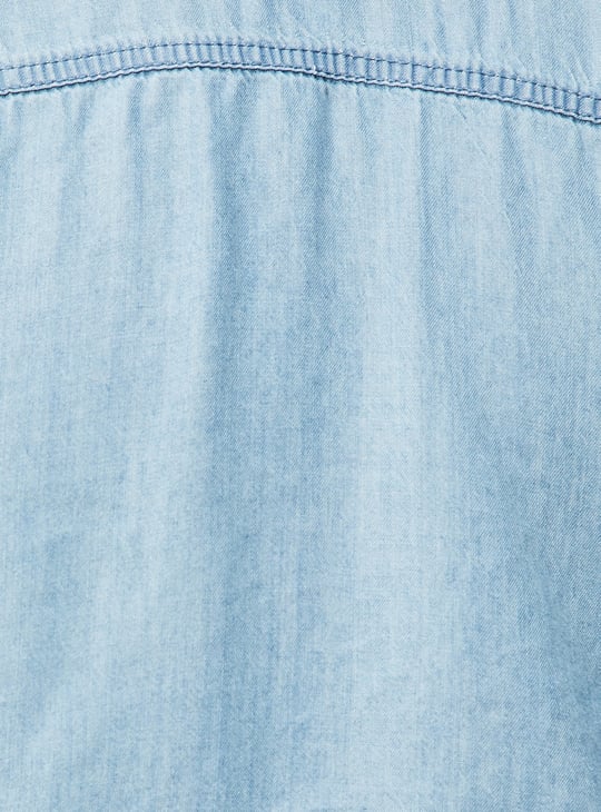 Women Solid Crop Denim Shirt with Drawcord Hem