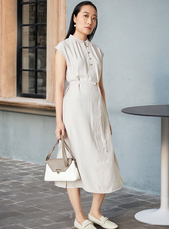 Women Textured Belted Midi Dress