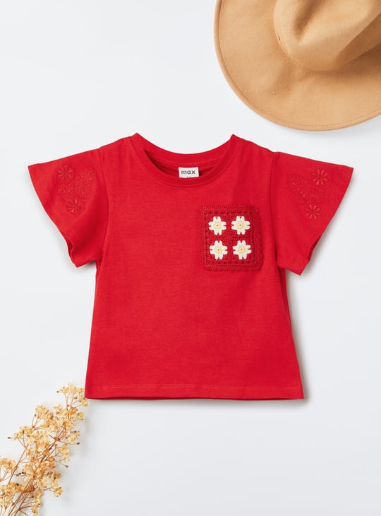 Girls Embroidered Top with Crochet Pocket