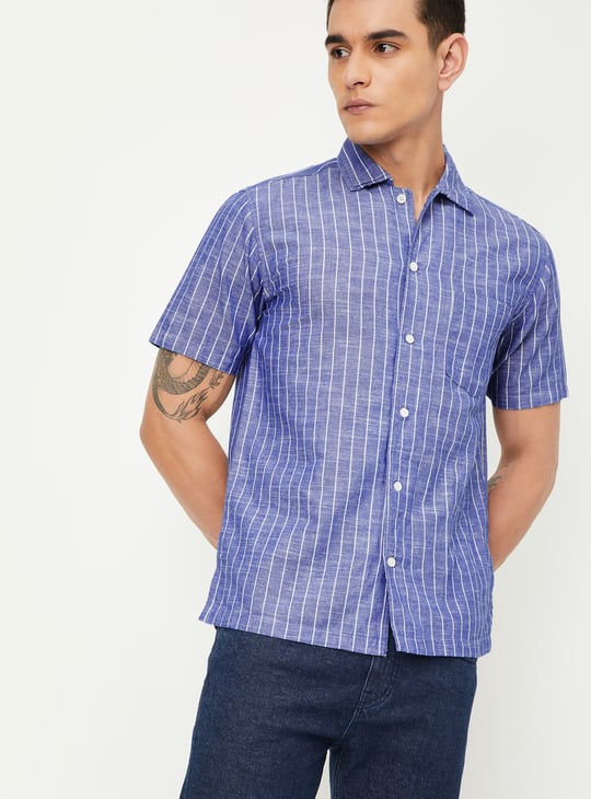 Short Sleeve Mens Linen Shirt Slim Fit Men Striped Slim Fit Linen