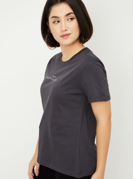 Women Text Embroidered T-shirt