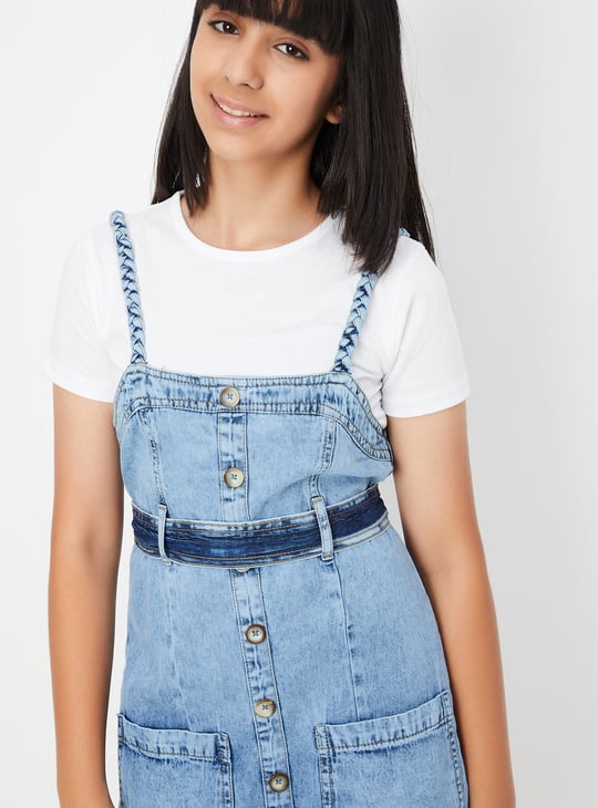 Girls Washed Dungaree Dress with T-shirt