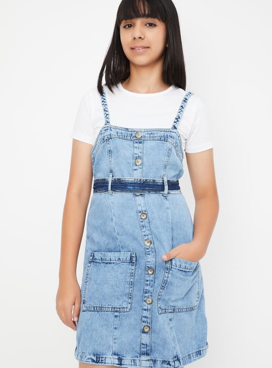 Girls Washed Dungaree Dress with T-shirt