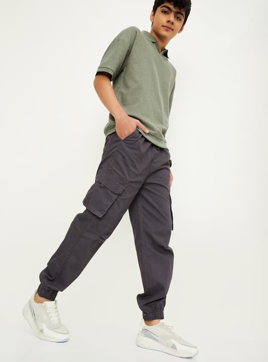 Boys Solid Relaxed Fit Cargo Joggers Grey Solid
