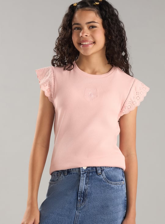 Girls Ribbed Top with Floral Embroidery