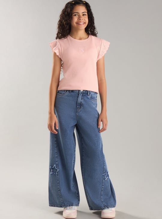 Girls Ribbed Top with Floral Embroidery