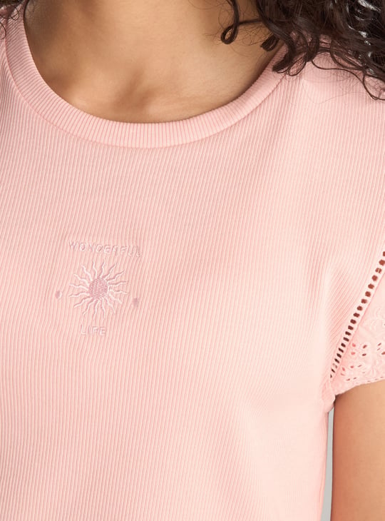 Girls Ribbed Top with Floral Embroidery