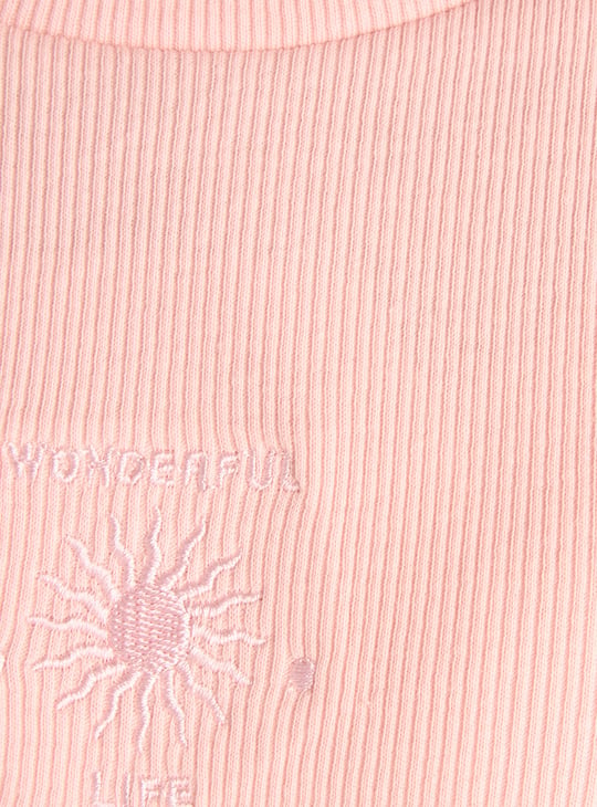 Girls Ribbed Top with Floral Embroidery