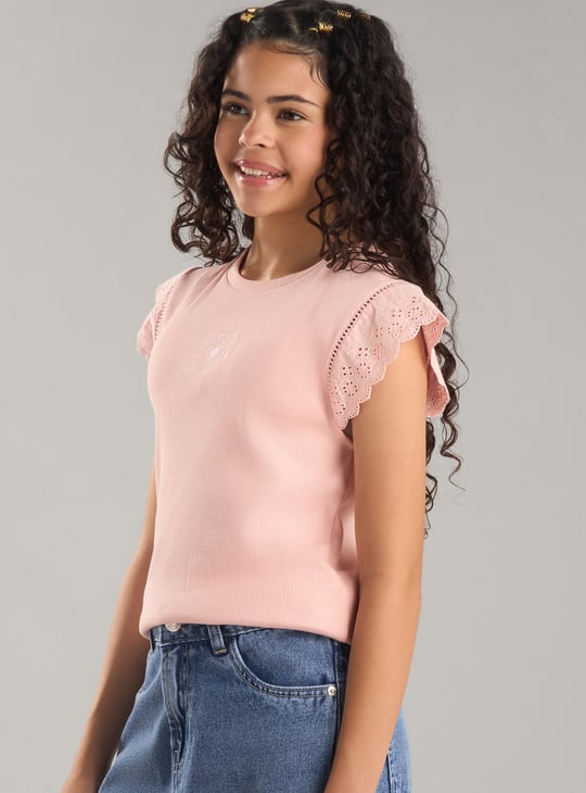 Girls Ribbed Top with Floral Embroidery