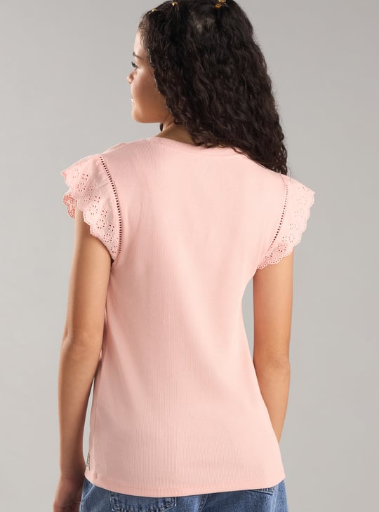 Girls Ribbed Top with Floral Embroidery