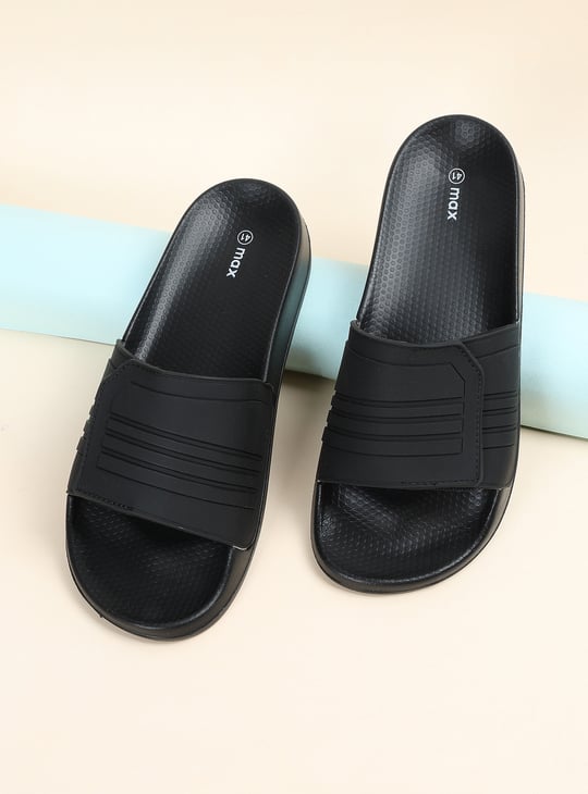 Men Textured Sliders Black PU