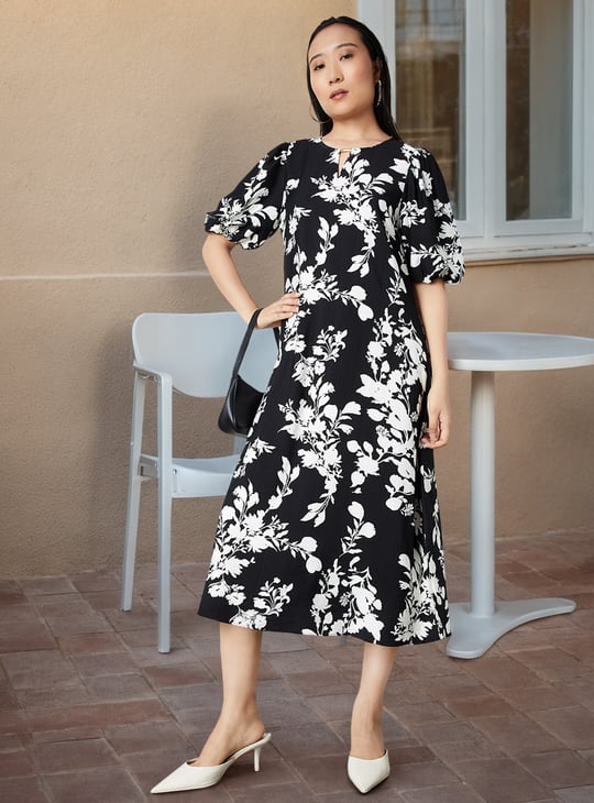 Women Floral Print A-line Midi Dress