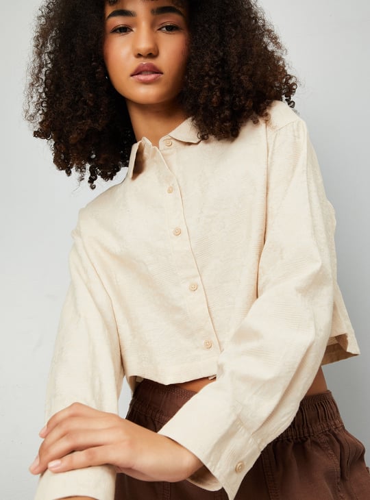 Women Textured Boxy Fit Crop Shirt