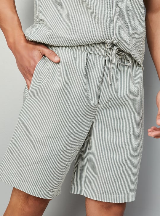 Men Seersucker Lounge Shorts | Green | Striped
