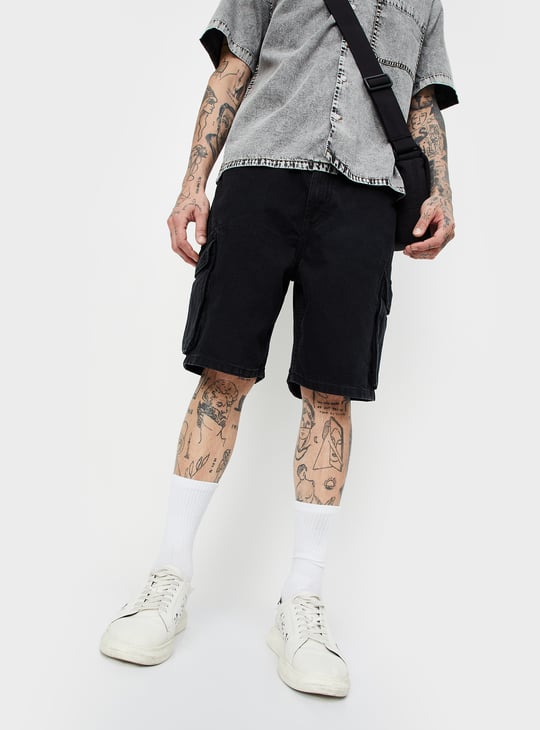 Men Washed Cargo Denim Shorts Black