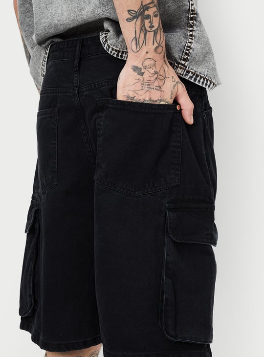 Men Washed Cargo Denim Shorts
