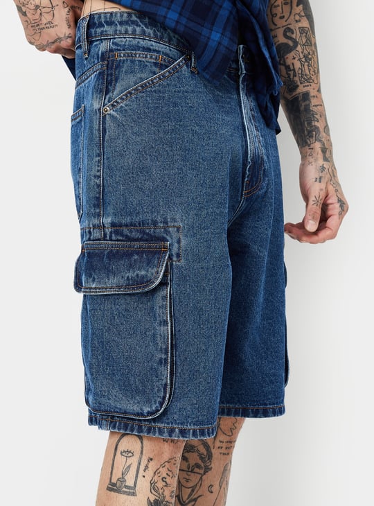 Men Washed Cargo Denim Shorts
