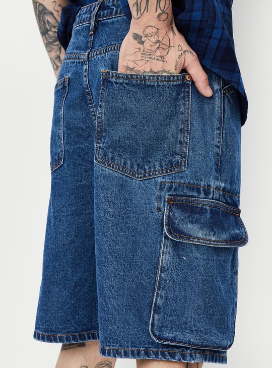 Men Washed Cargo Denim Shorts