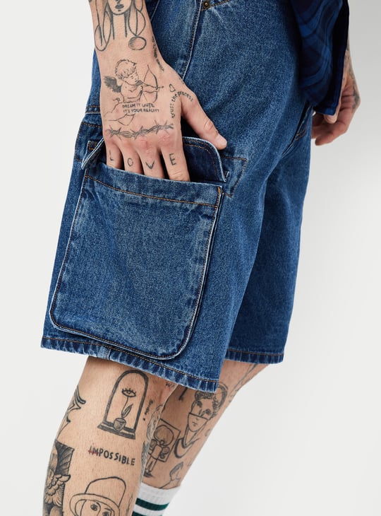 Men Washed Cargo Denim Shorts