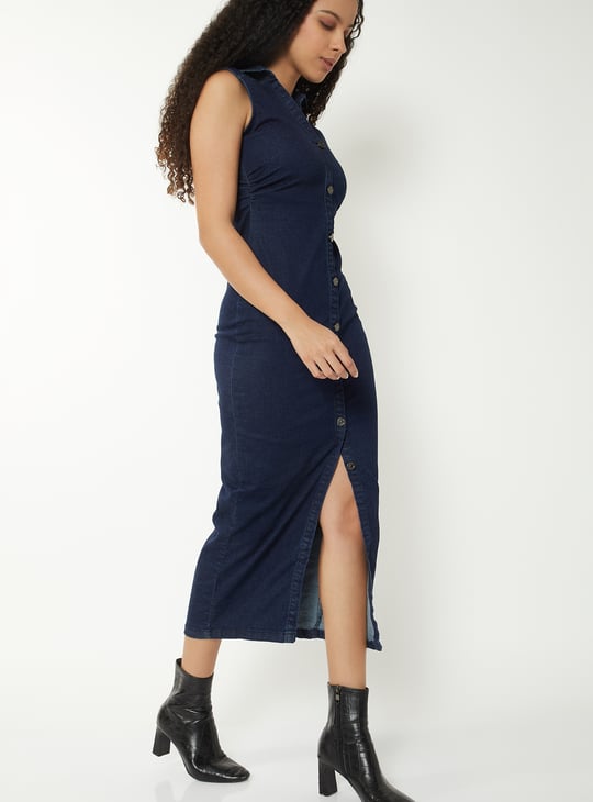 Women Ruched Midi Denim Dress