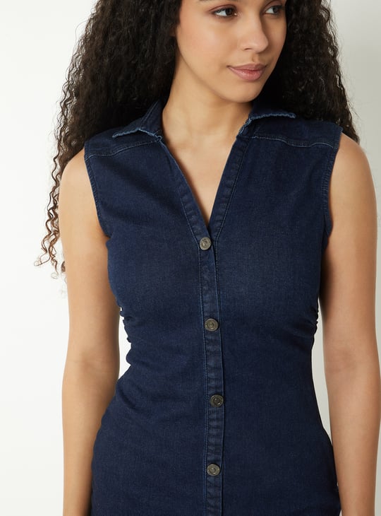 Women Ruched Midi Denim Dress