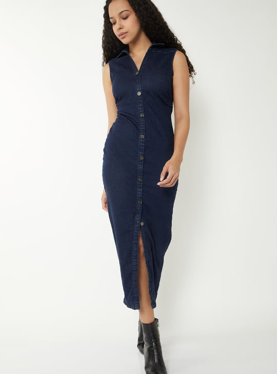 Women Ruched Midi Denim Dress