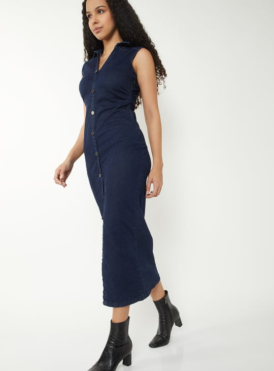 Women Ruched Midi Denim Dress