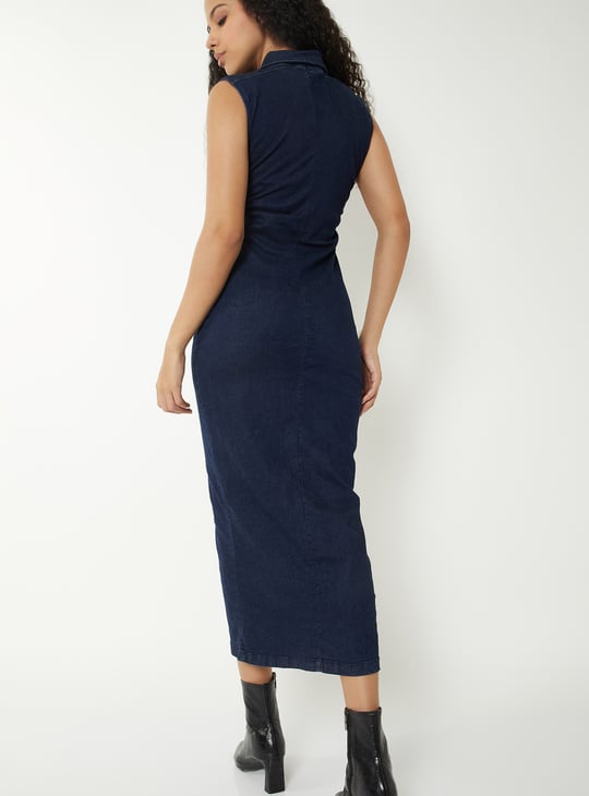 Women Ruched Midi Denim Dress