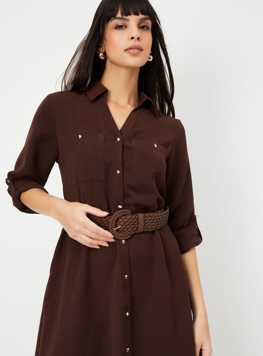 Women Solid Shirt Midi Dress with Belt