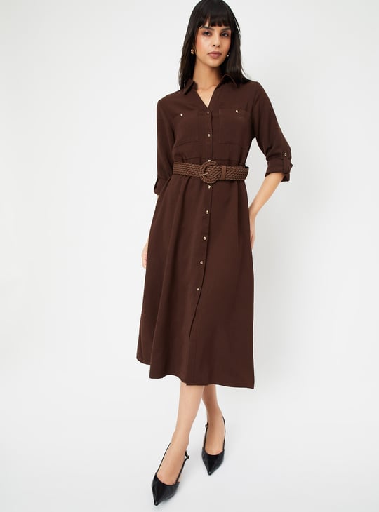 Women Solid Shirt Midi Dress with Belt