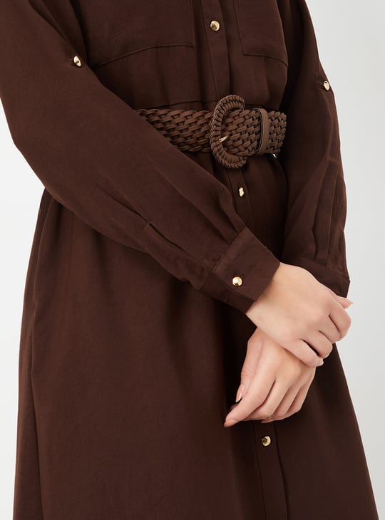 Women Solid Shirt Midi Dress with Belt Solid