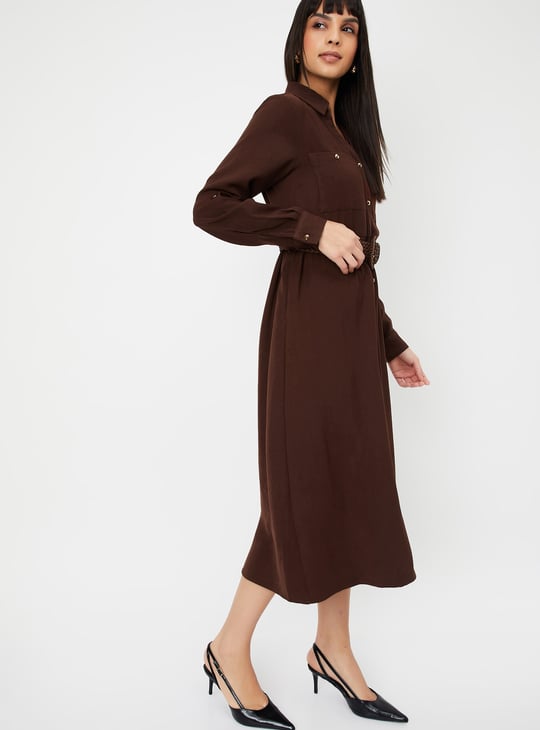 Women Solid Shirt Midi Dress with Belt