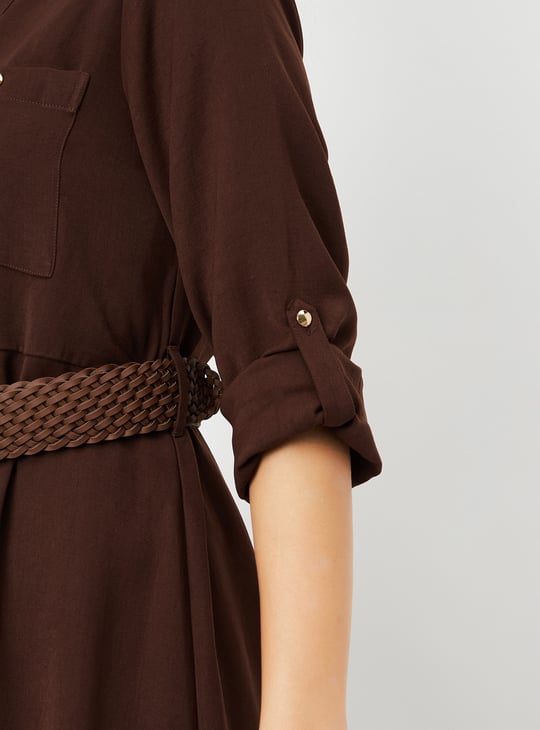 Women Solid Shirt Midi Dress with Belt