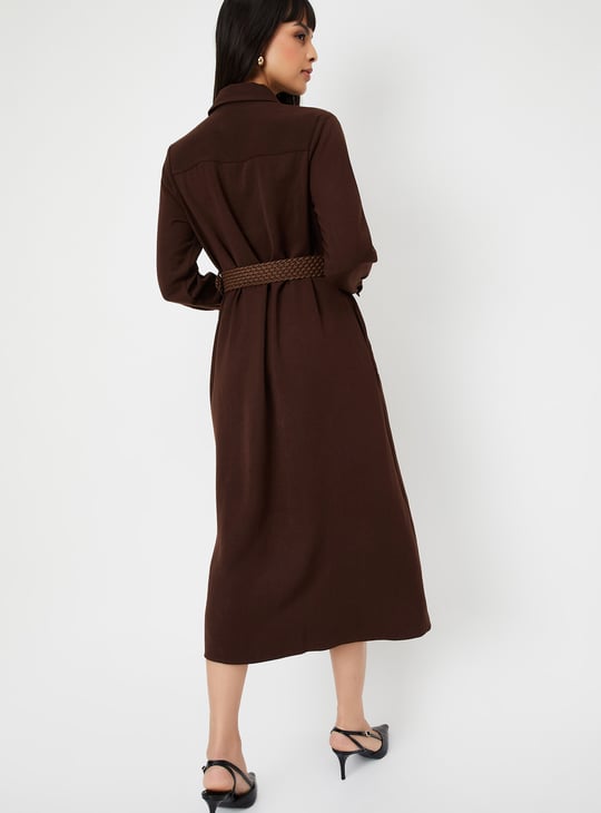 Women Solid Shirt Midi Dress with Belt