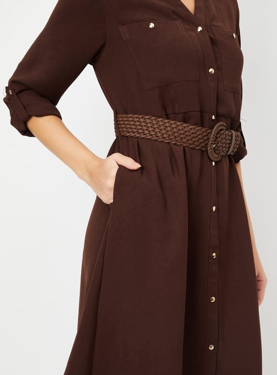Women Solid Shirt Midi Dress with Belt