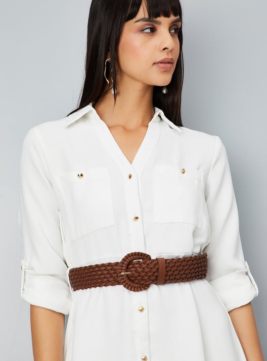 Women Solid Shirt Midi Dress with Belt